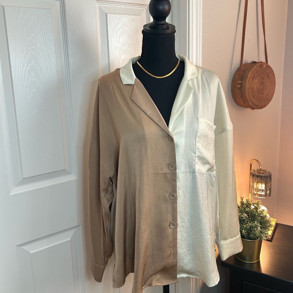 Promesa Two-Tone Button Down Shirt - Cream and Tan